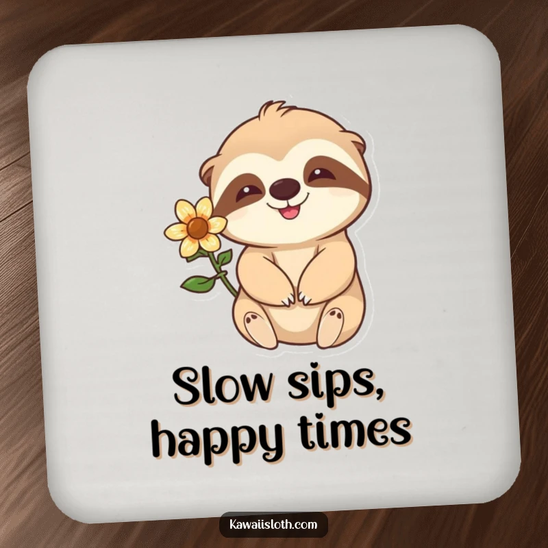 Funny happy sloth with a flower behind its ear waving slowly featured on drink coasters, protecting surfaces with calm humor.