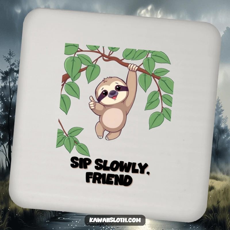 Funny drink coaster featuring a sloth playfully dangling from a vine, giving a thumbs up, adding cheerful decor.