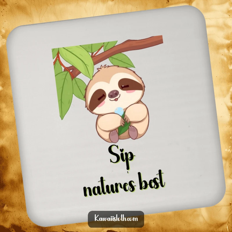 Funny sloth coaster, tiny smile sloth enjoying a dewdrop on a leaf, humorous drink accessory, perfect funny gift.