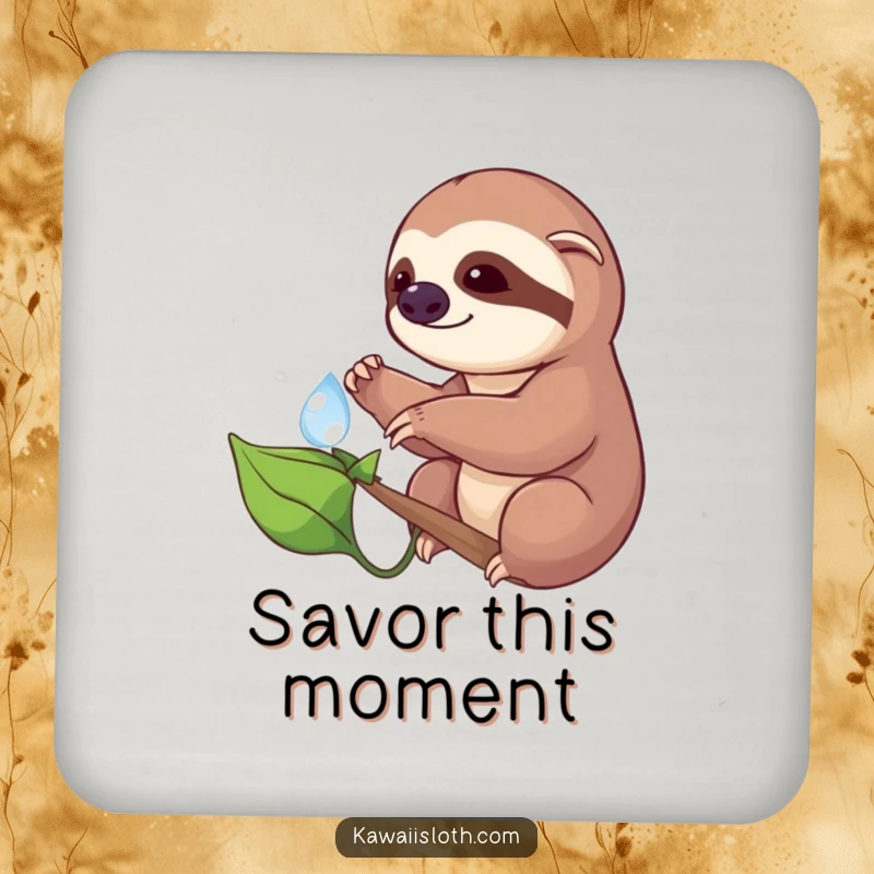 Funny drink coaster set featuring a sloth cautiously reaching for a dewdrop on a leaf, offering humorous and practical table protection.