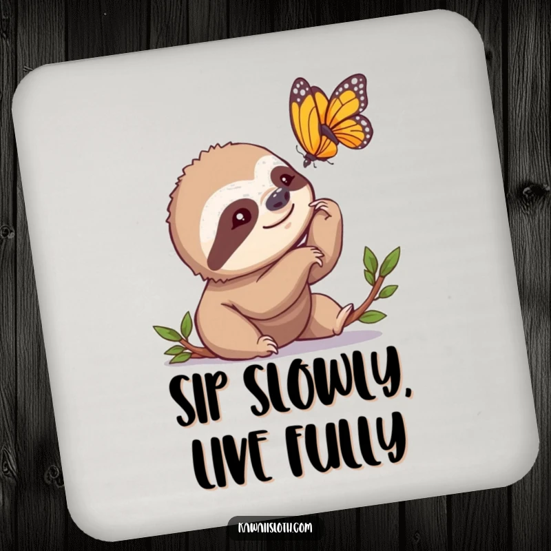 Funny Drink Coaster featuring a sloth slowly nodding its head while observing a butterfly, adding humor to any beverage setting.