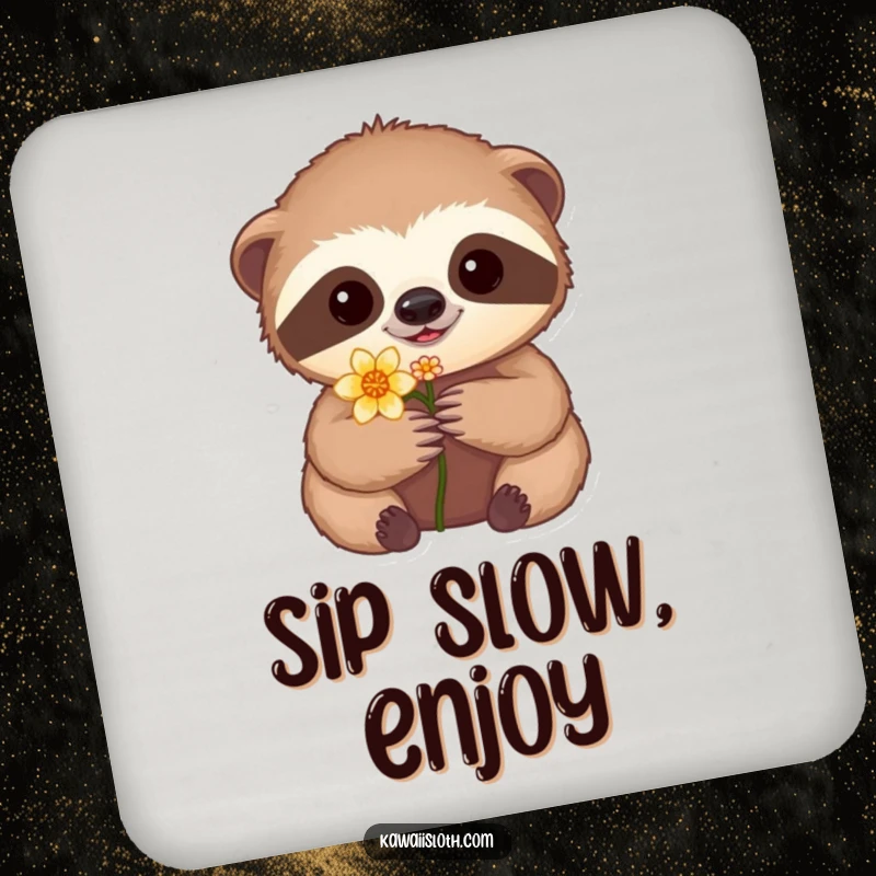 Funny coasters featuring a sloth gently holding a flower, adding a humorous and protective touch to coffee tables and desks.