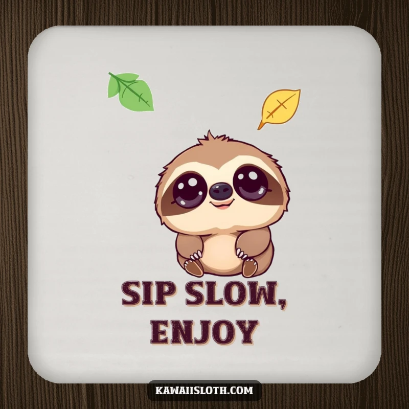 Funny drink coaster with a sloth's gentle eyes gazing up at a falling leaf, offering humorous surface protection.