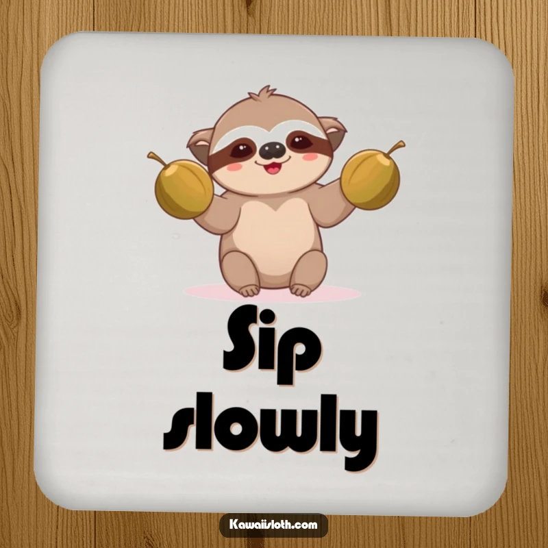 Funny sloth coaster, comically juggling coconuts, adding tropical detail, a charming funny gift.