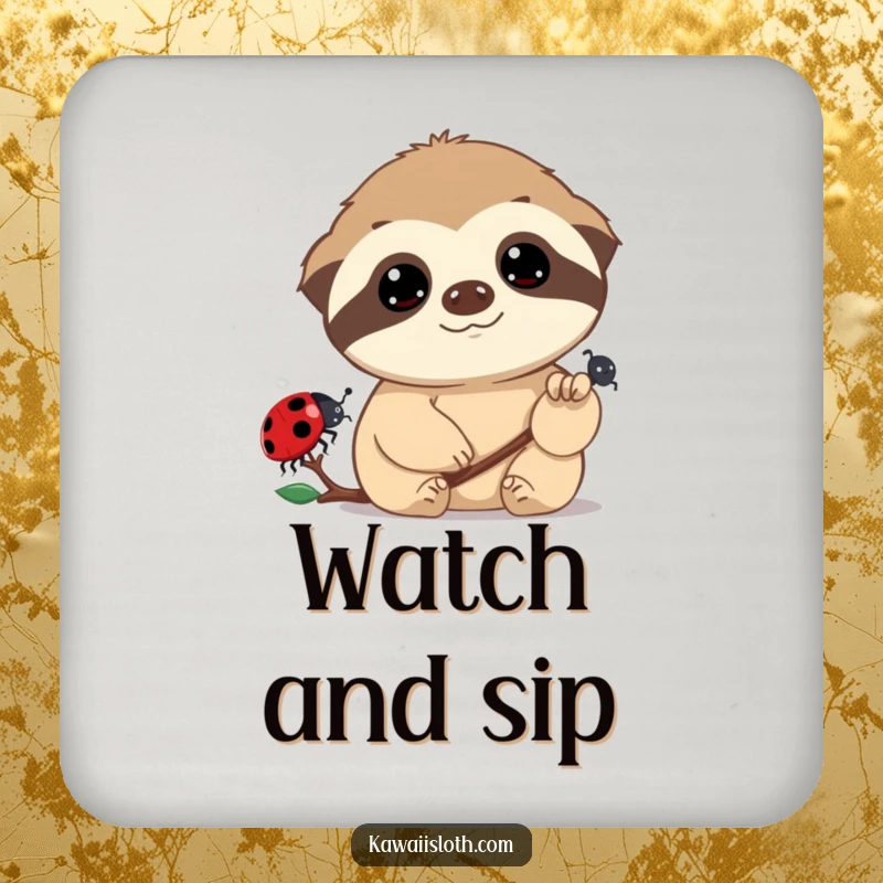 Funny drink coaster set featuring a sloth with dreamy eyes watching a ladybug, offering humorous and practical table protection.