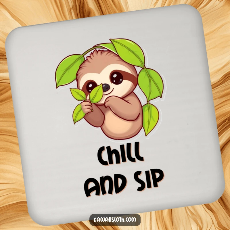 Funny drink coaster set with a design of a sloth holding a leaf, providing humorous and practical protection for tables and surfaces.