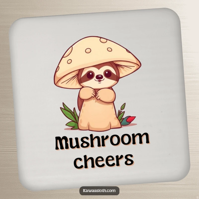 Funny coaster featuring a sloth playfully peeking from behind a mushroom, adding playful protection and humor. A great gift.