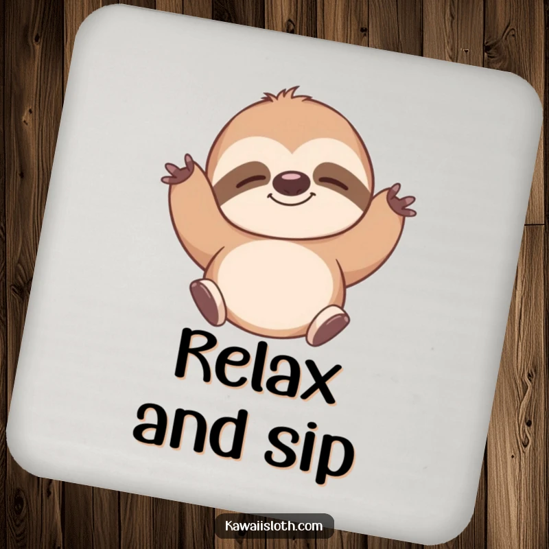 Funny coaster featuring a sloth stretching contentedly with a peaceful smile, offering calm protection and humor. A great gift.