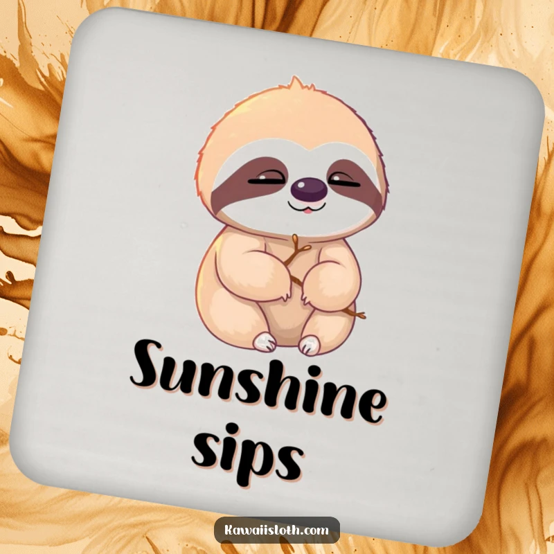 Funny sloth coaster, sloth with twigs in fur, slowly blinking in sunlight, humorous drink accessory, perfect funny gift.