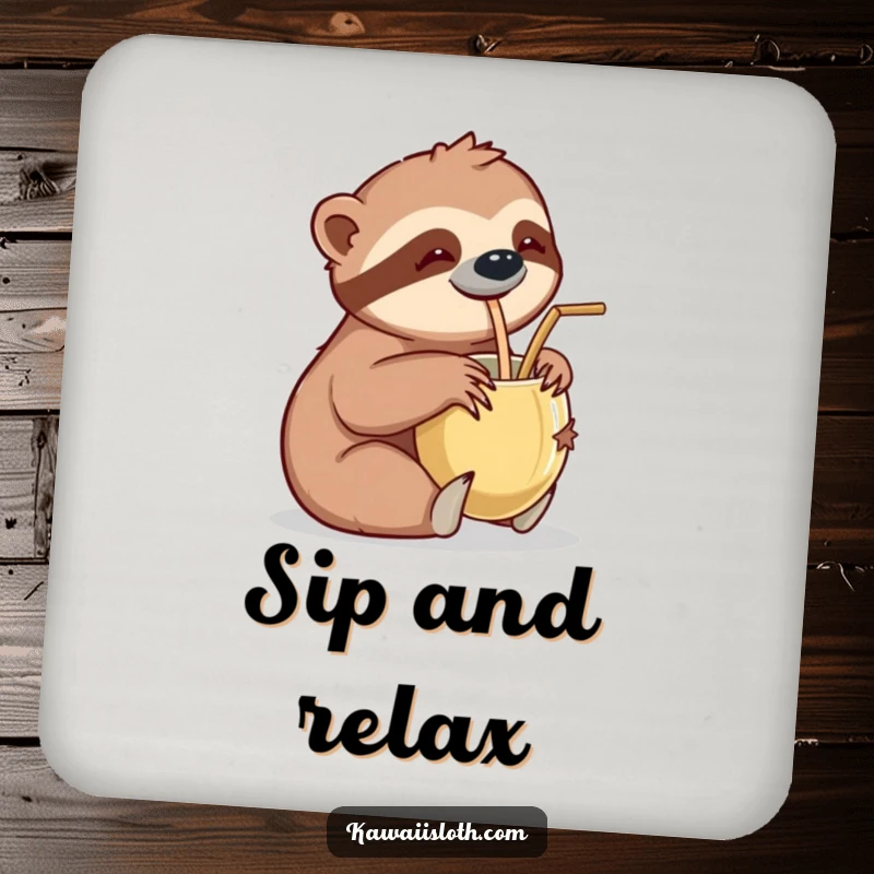 Funny drink coasters showing a sloth leisurely sipping from a coconut cup with a straw, offering protection with tropical, humorous appeal.