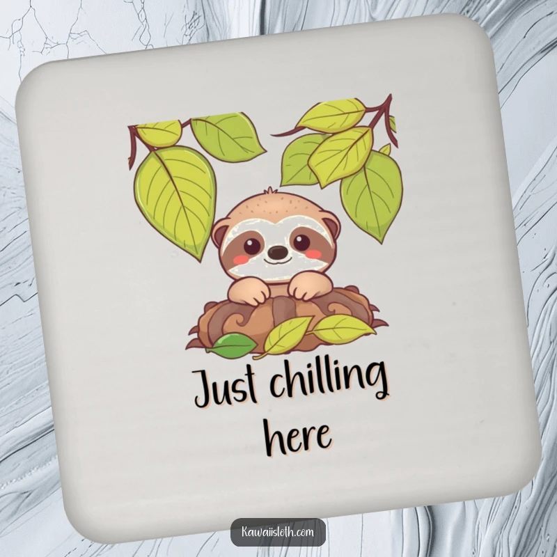 Funny drink coasters featuring a smiling sloth peeking from leaves, protecting surfaces with gentle, humorous charm.