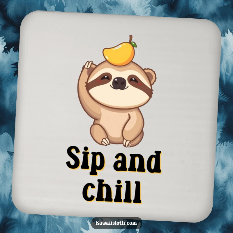 Funny drink coaster showing a sloth humorously trying to balance a small piece of fruit on its head, protecting surfaces stylishly.