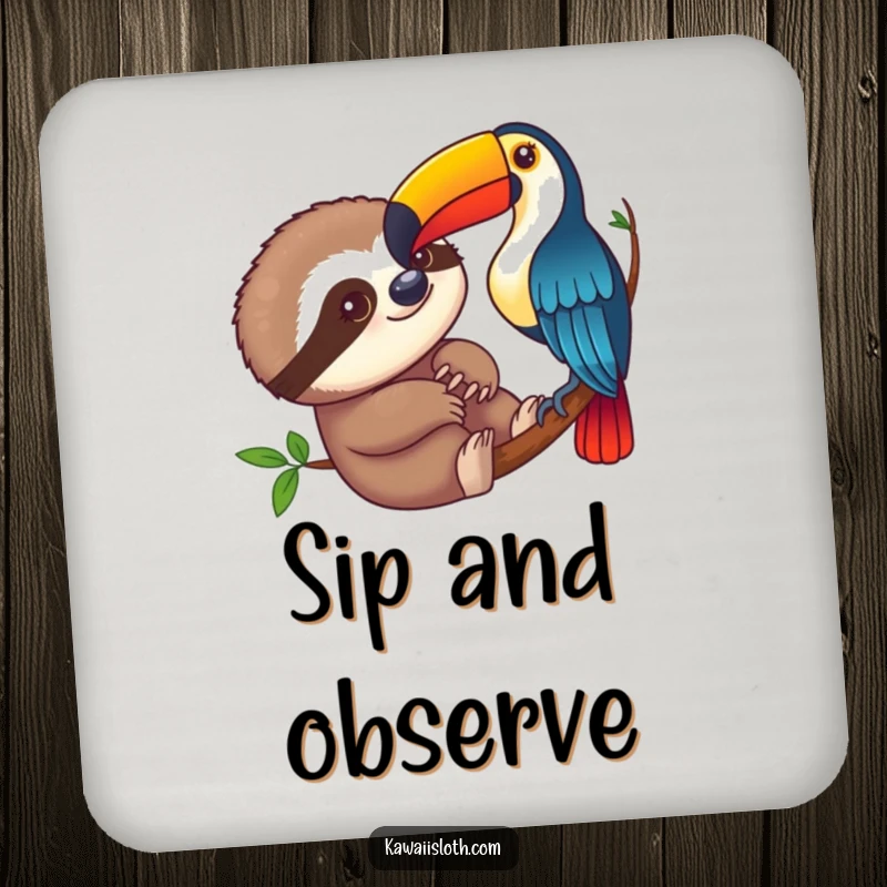Funny sloth curiously observing a colorful toucan on a drink coaster, a humorous accessory for parties and home.