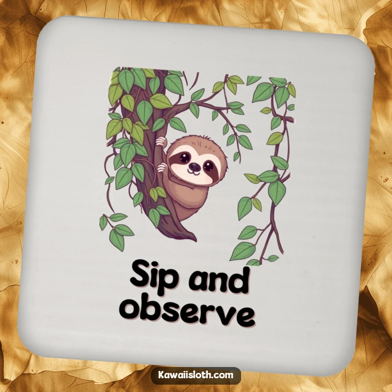 Funny shy sloth coaster, sloth peeking from vines with a gentle gaze, humorous drink accessory, perfect funny gift.