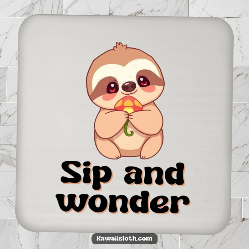 Funny Drink Coaster depicting a sloth holding a tiny, glowing mushroom, embodying wonder and humor for protecting surfaces.