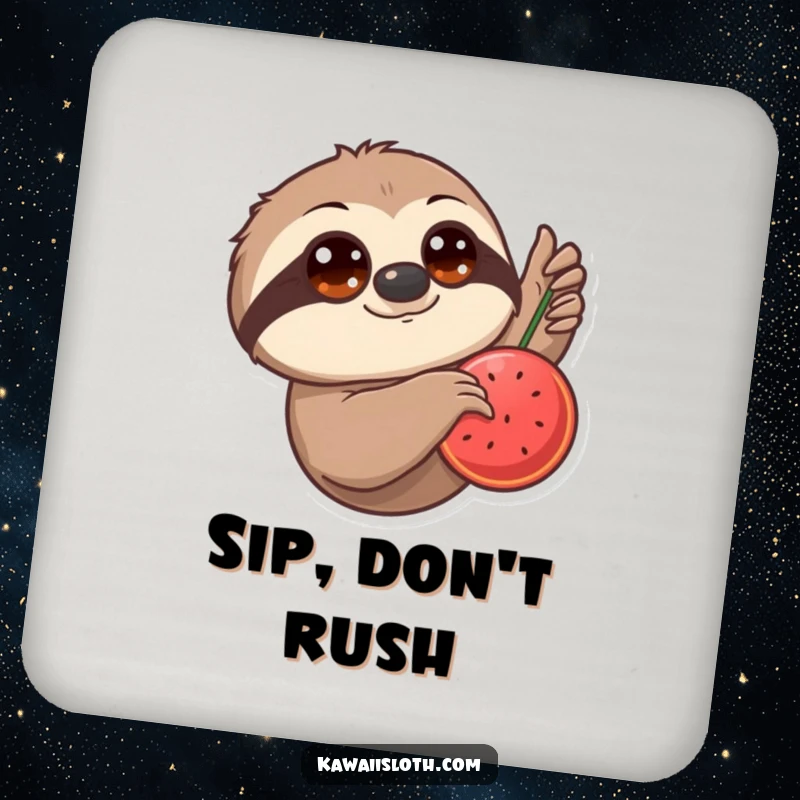 Funny Coaster: A sloth with large eyes slowly reaches for a juicy hanging fruit, offering stylish surface protection with patience.