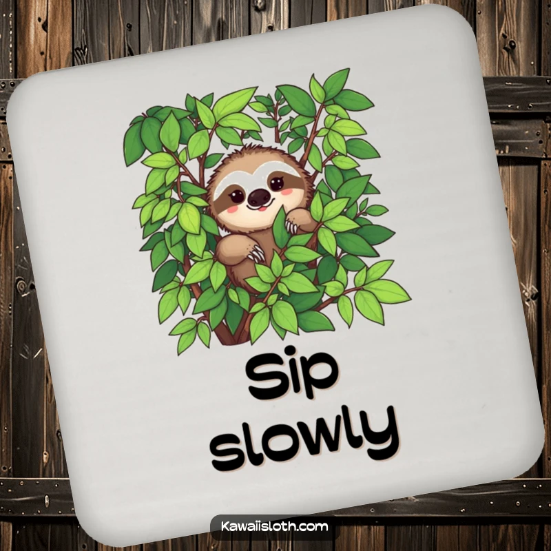 Funny drink coasters with a sloth peeking from abundant green foliage with a hint of a smile, adding serene flair.