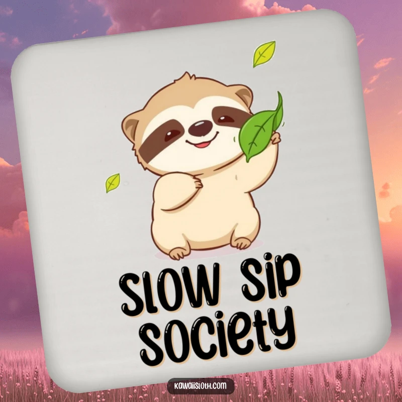 Funny sloth coaster, playful sloth with a slow grin, trying to catch a falling leaf, humorous drink accessory, perfect funny gift.