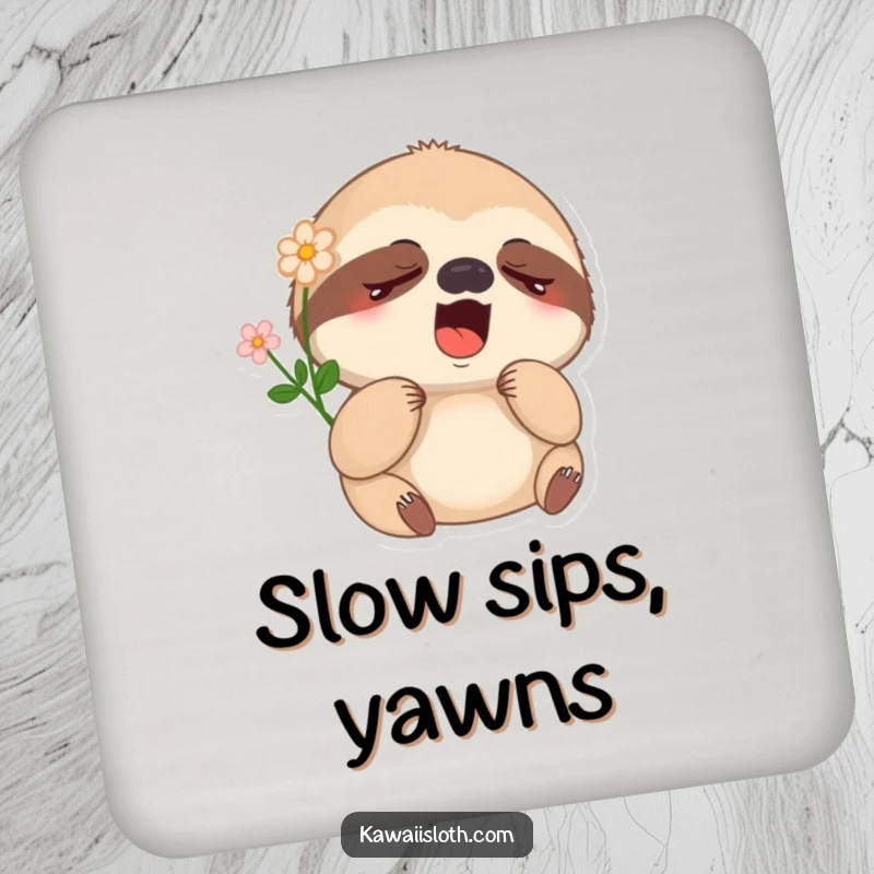Funny sleepy sloth drink coaster showing a yawning sloth with a flower, a humorous and protective addition to any tabletop.
