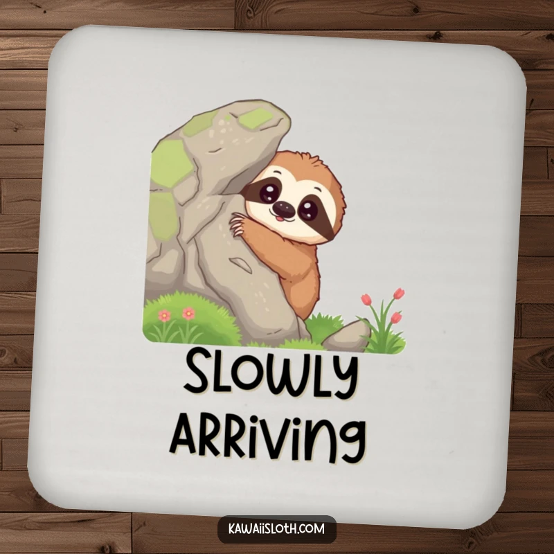 Funny curious sloth drink coaster showing a sloth peeking from behind a mossy rock, a humorous and protective addition to any table.