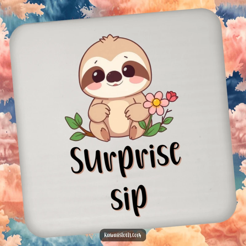 Funny coaster featuring a surprised sloth finding a hidden flower, protecting surfaces with humorous charm. A great gift.