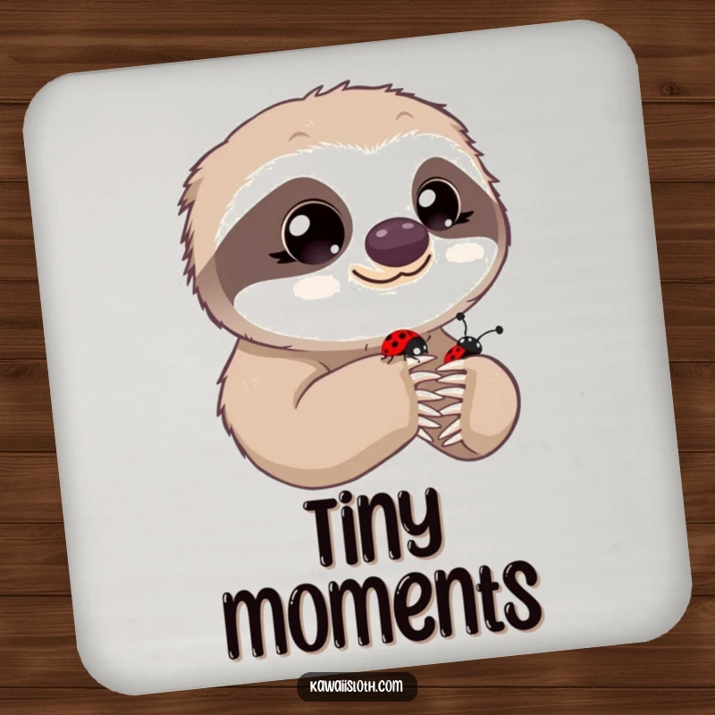 Funny drink coaster featuring a sloth with innocent eyes observing a ladybug on its paw, a humorous and protective accessory.