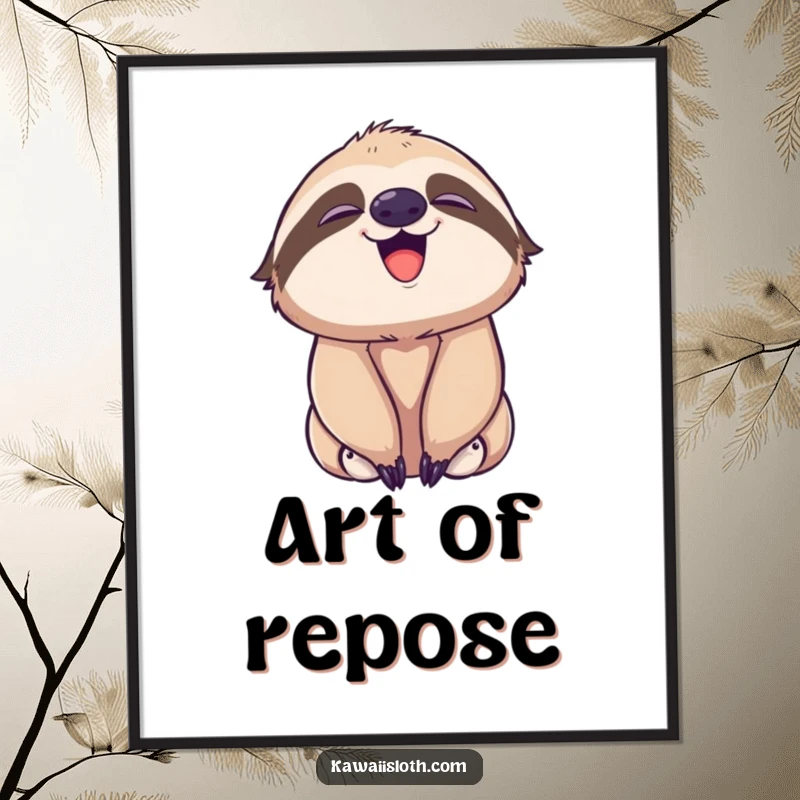 Funny poster of a playful sloth yawning, revealing a sweet, subtle smile, ideal for a calm and humorous space.