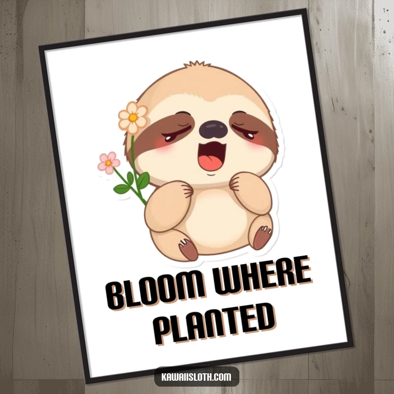 Funny sleepy sloth poster showcasing a yawning sloth with a flower on its head, humorous art for a relaxing atmosphere.