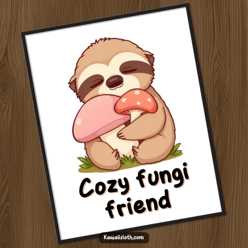 Funny content sloth poster showcasing a sloth hugging a mushroom with closed eyes, humorous art for a peaceful atmosphere.