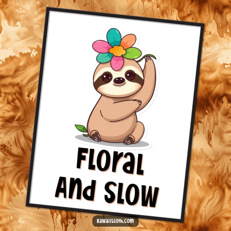 Funny flower sloth poster, artfully depicting a sloth balancing a colorful flower on its head with gentle grace.