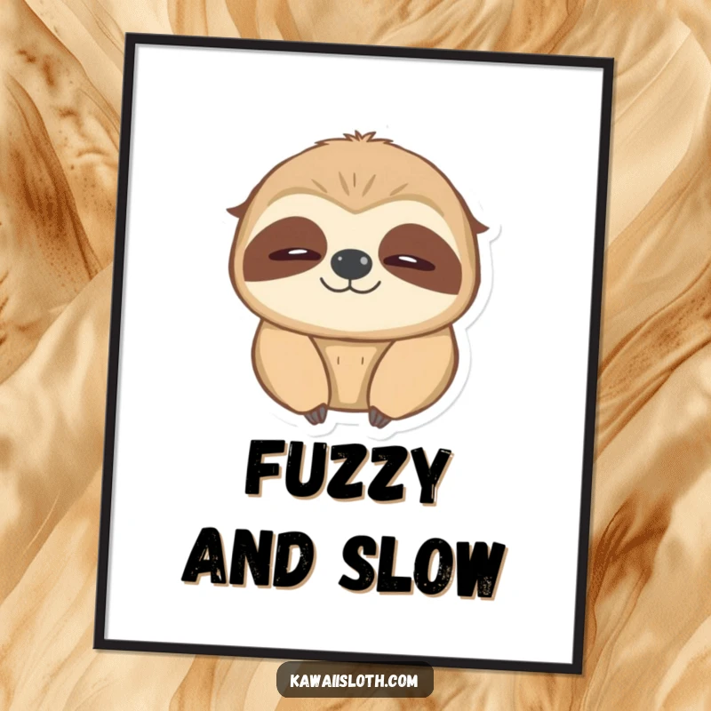Funny blinking sloth poster, artfully showing a sloth slowly blinking with a radiating warm, fuzzy glow.