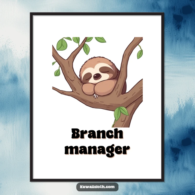 Funny poster of a contented sloth napping peacefully on a tree branch, embodying serene humor.