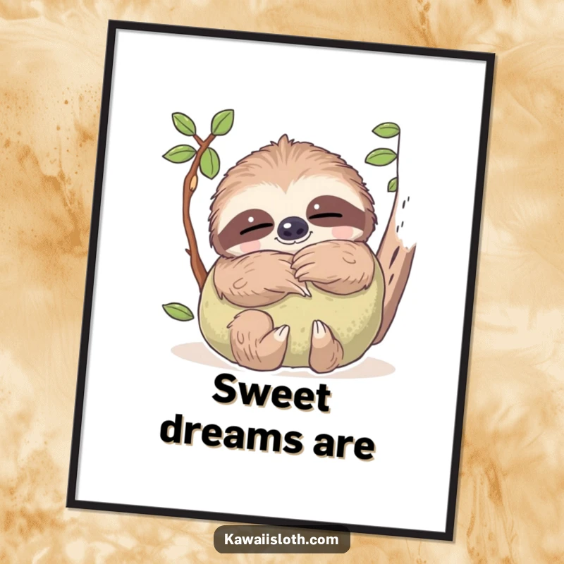 Funny poster art of a sloth with dreamy eyes, hugging a soft mossy pillow, creating a serene and humorous ambiance.