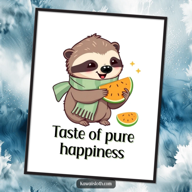 Funny poster of a happy sloth wearing a scarf, enjoying a bite of fruit, exuding slow, contented joy.