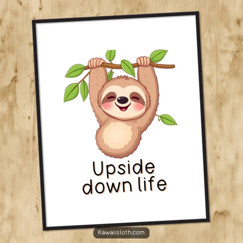 Funny happy sloth poster showcasing a smiling sloth hanging upside down from a branch, a piece of humorous art for any room.