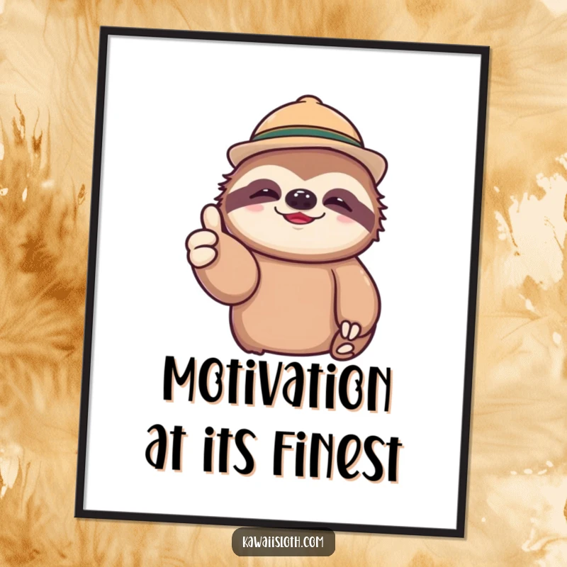 Funny poster print of a lazy sloth wearing a small hat, giving a big, friendly thumbs up with a relaxed demeanor.