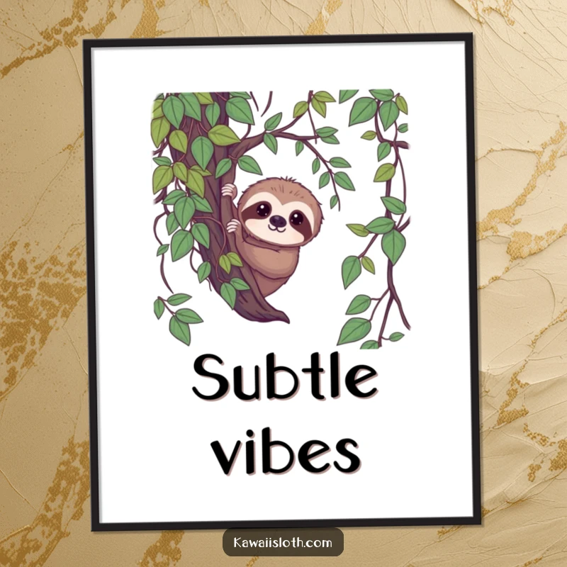 Funny shy sloth poster, sloth peeking from vines with a gentle gaze, humorous nature art, perfect funny gift.