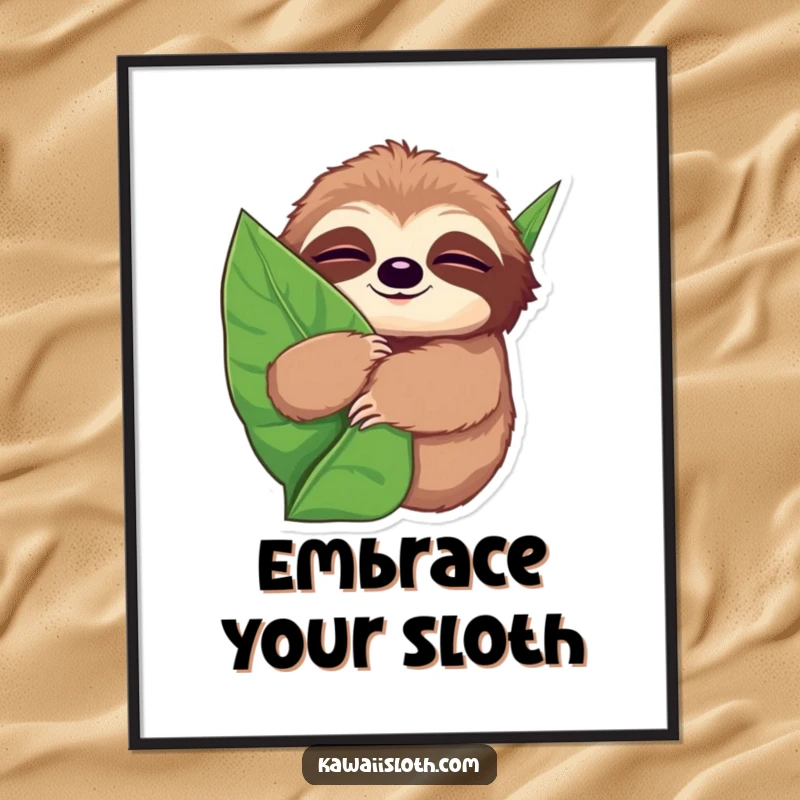 Funny poster art of a sloth with wide, sleepy eyes, hugging a giant leaf, capturing a mood of ultimate comfort and peace.