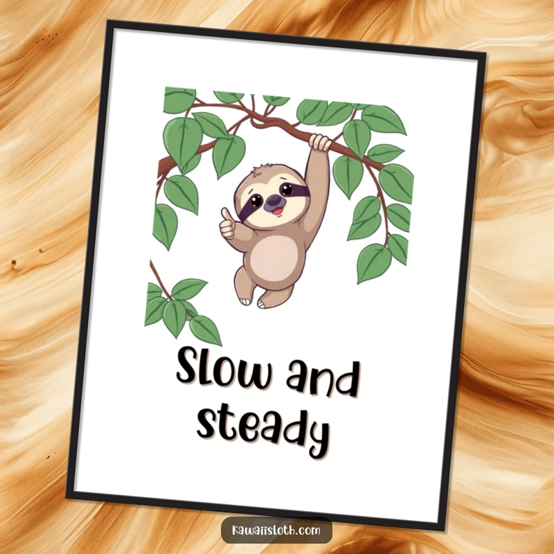 Funny poster art of a sloth playfully dangling from a vine, giving a thumbs up with a cheerful and relaxed expression.
