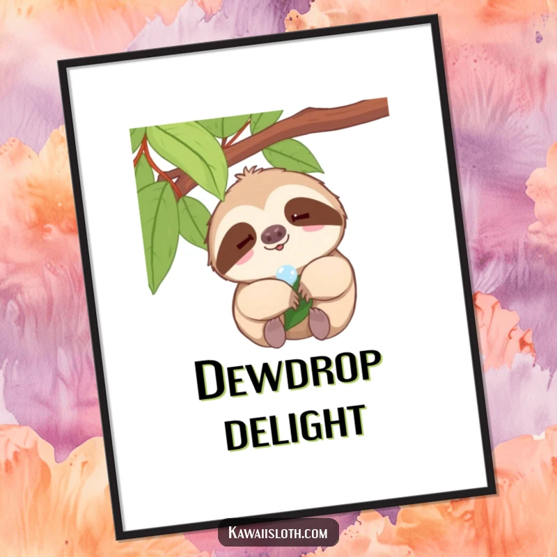 Funny sloth poster, tiny smile sloth enjoying a dewdrop on a leaf, humorous nature art, perfect funny gift.