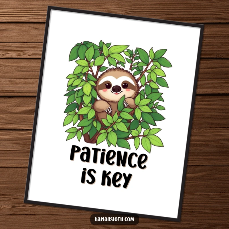 Funny poster of a sloth peeking from abundant green foliage with a hint of a smile, great for tranquil decor.