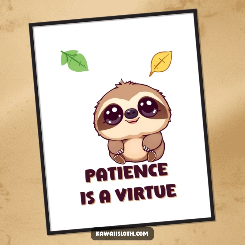 Funny poster of a sloth with wide, compassionate eyes observing a leaf's descent, bringing peaceful humor to any room.