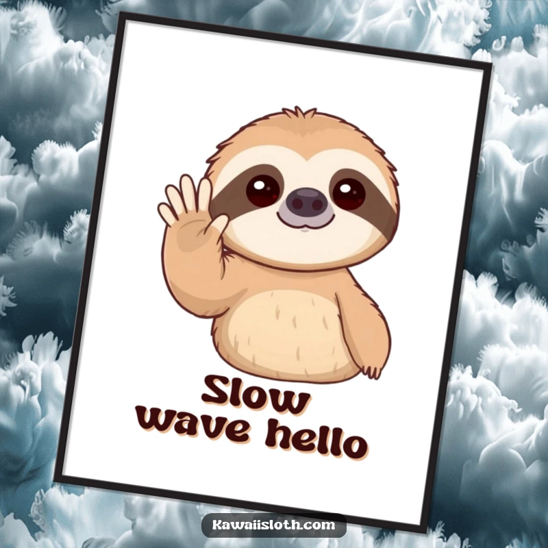 Funny poster art of a sloth slowly waving its arm, conveying a message of gentle greeting and friendliness.