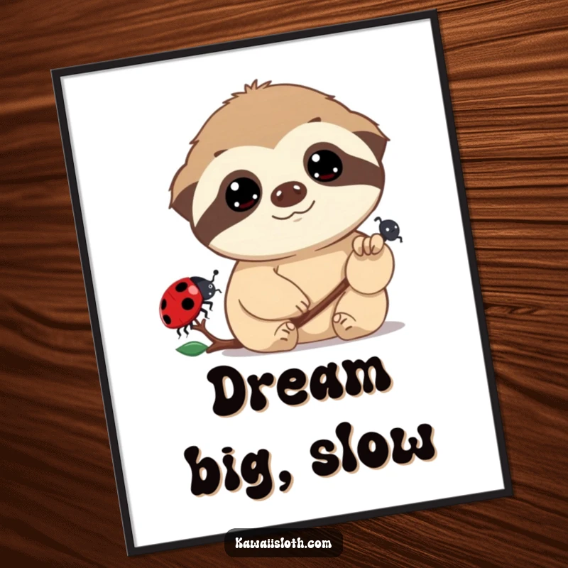 Funny art poster depicting a sloth with dreamy eyes watching a ladybug, creating a humorous and serene wall decor piece.