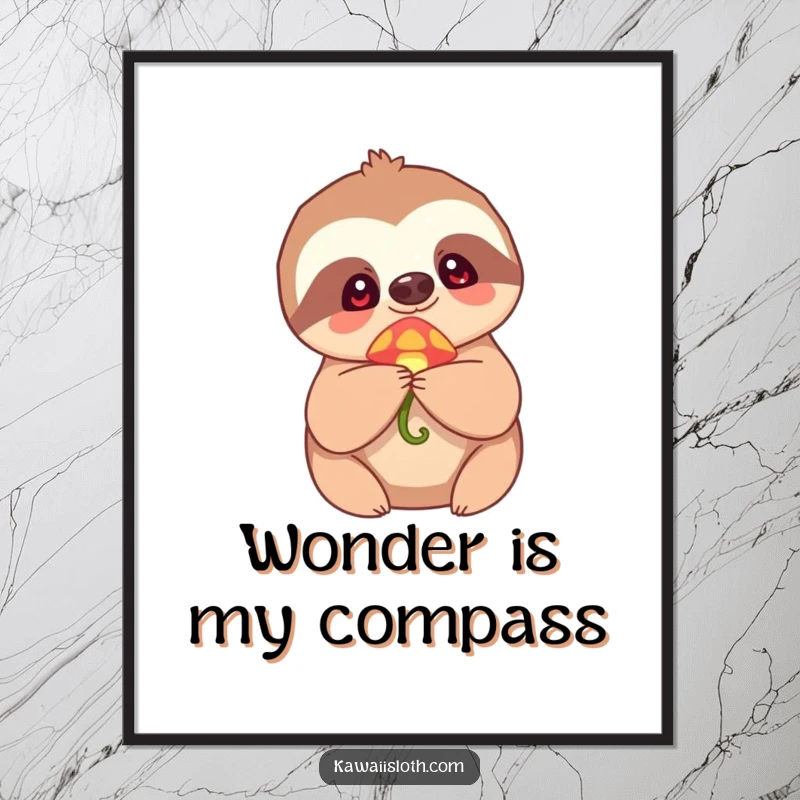 Funny Poster depicting a curious sloth holding a tiny, glowing mushroom, radiating a sense of wonder and humorous fantasy.
