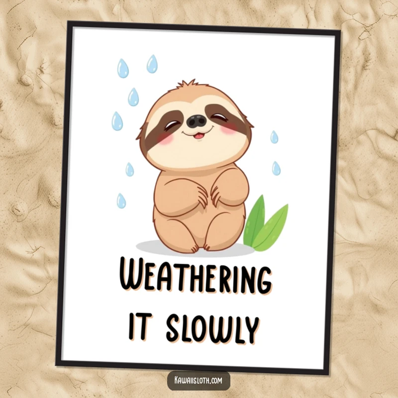 Funny poster depicting a sloth attempting to catch falling raindrops with a slow, happy smile, adding humorous and whimsical wall art.