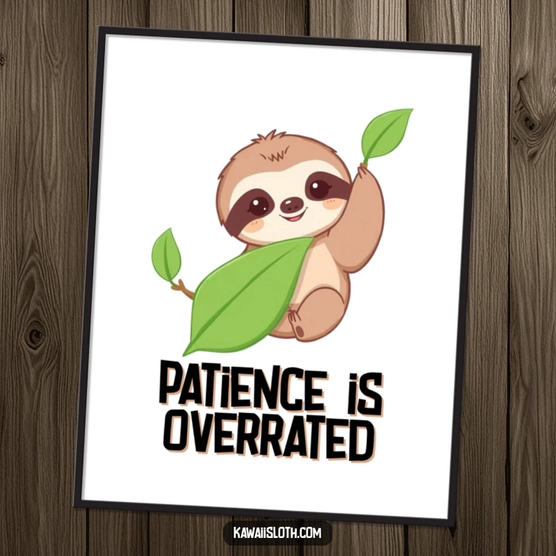 Funny poster depicting a cute sloth's slow, deliberate motion reaching for a leaf, adding humorous wall art to any room.