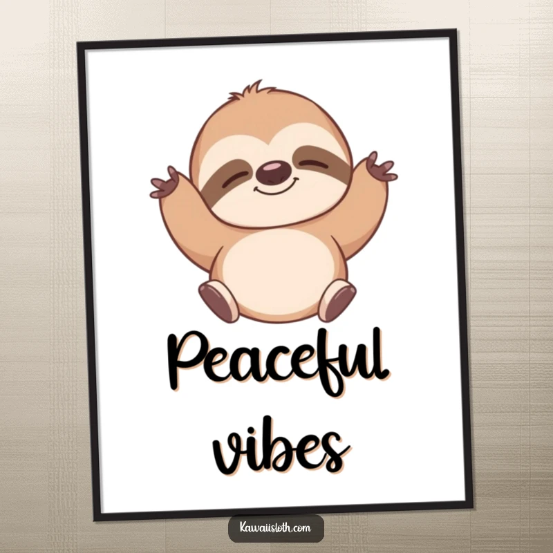 Funny poster art of a sloth stretching contentedly with a peaceful smile, evoking zen and humor. A great gift.
