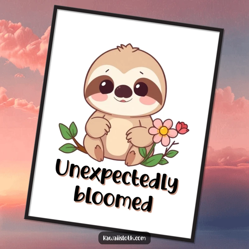 Funny poster featuring a surprised sloth's wide-eyed reaction to finding a hidden flower, an artistic and humorous piece. A great gift.