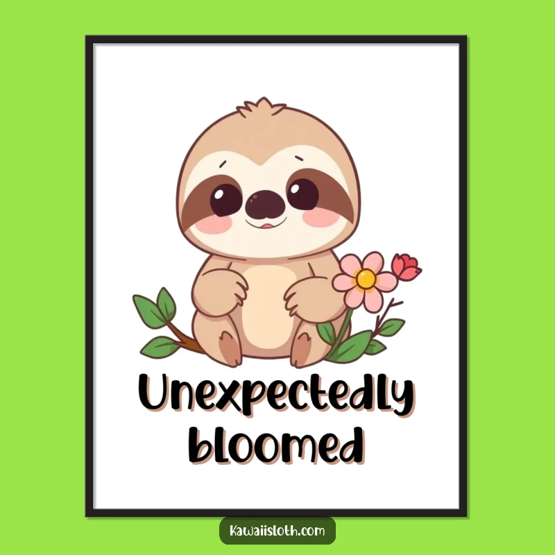 Funny Sloth Surprise Poster: Whimsical Flower Discovery Art, Humorous Gift